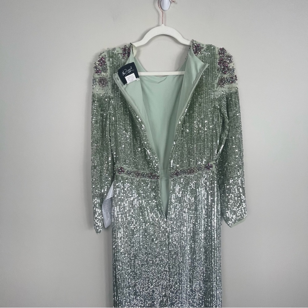 Mac Duggal Floral Beaded Dress Women 4 Sequins Tea Length Sage Green Long Sleeve - Picture 5 of 13